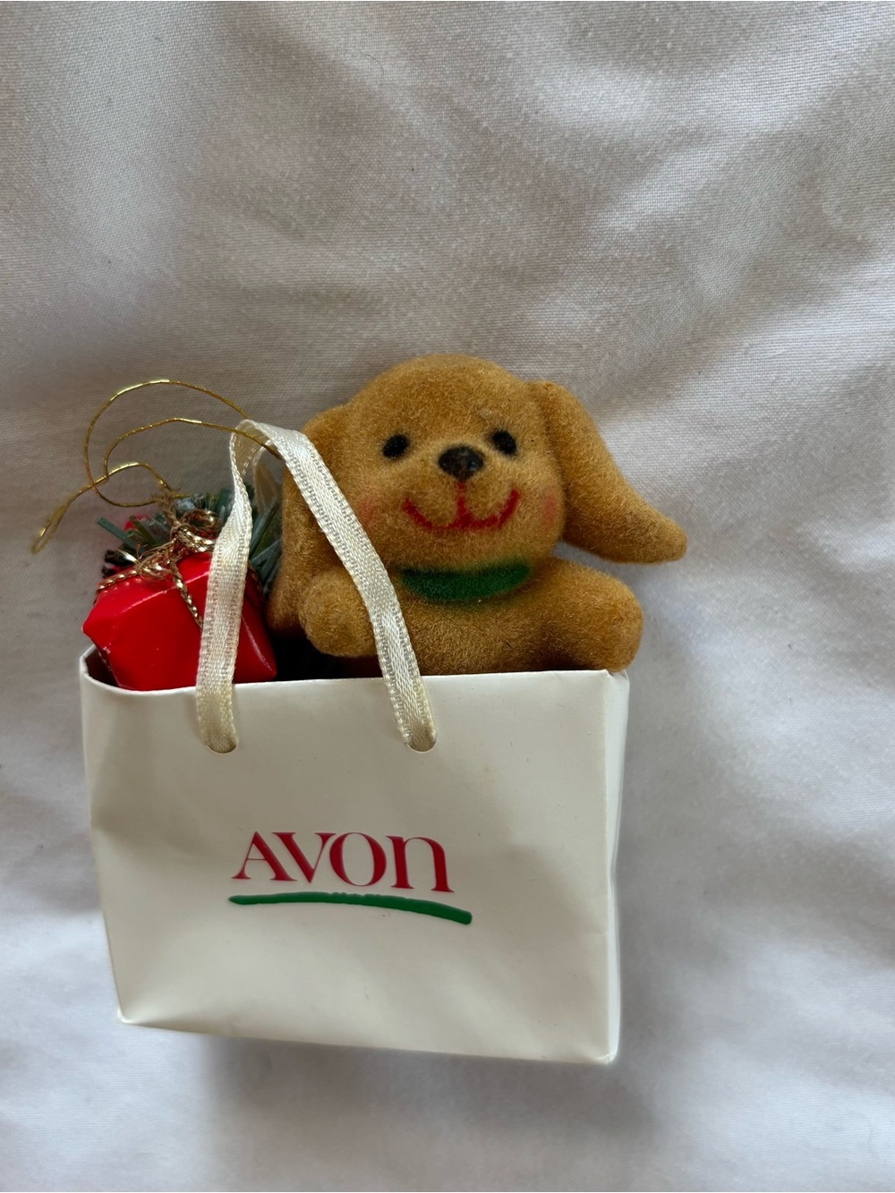 Vintage Avon “Puppy Love” Ornament with Red Gift in White Bag